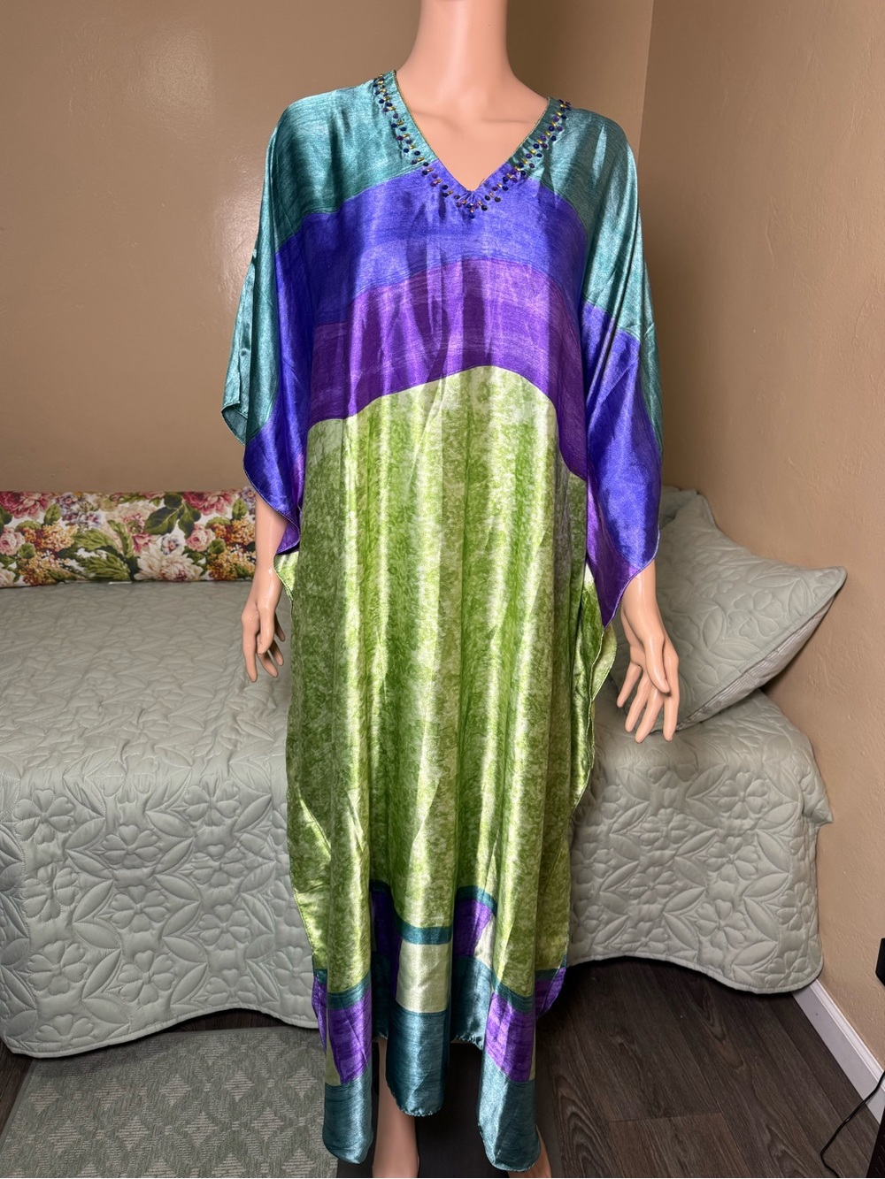 Santee Classics Colorblock Satin Kaftan Dress V-Neck Beaded Long One Size